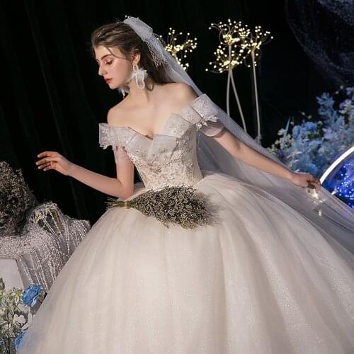 Vestido De Noiva 2021 Wedding Dress High Quality Luxury Lace Appliques Sweet Elegant Off Shoulder Sequined Bride Princess Gowns