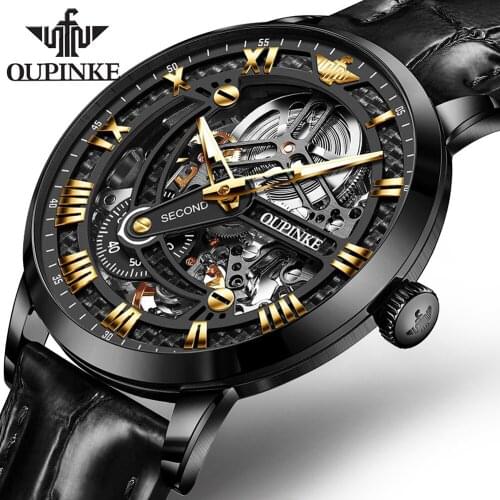 OUPINKE Luxury Mens Mechanical Watches Sapphire Glass Automatic Wristwatch Sports Skeleton Leather Waterproof men watch Gifts