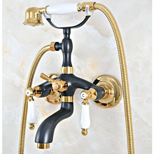 Black Gold Color Brass Wall Mount Bathtub Faucet Dual Handles Swivel Spout Mixer Tap with Hand Sprayer zna446