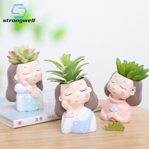 Strongwell Resin Girl Figurines Home Decoration Resin Flower Pots Desktop Decors Display Potted Micro Landscape Succulent Pot