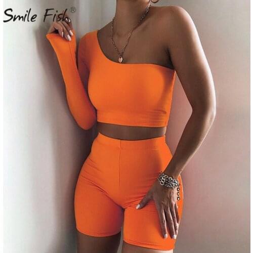 Sporty Asymmetrical Two Piece Sets Women Tracksuit Crop Tops Elastic Bike Shorts Matching Suits Casual Female Outfit G2551