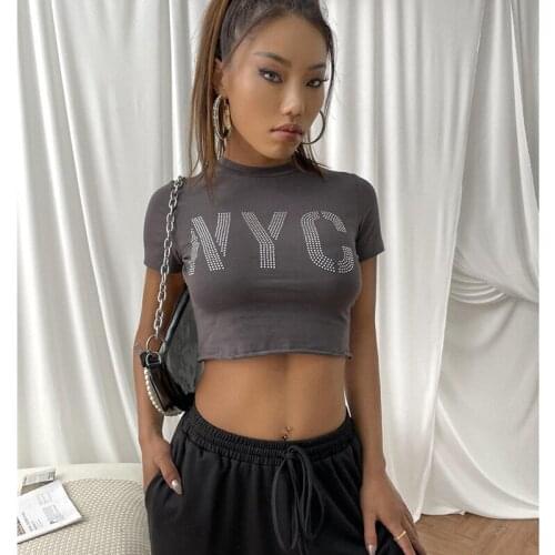 Womens Causal Short Sleeve T-shirt Fashion Letter Hot Drilling Round Neck Exposed Navel Tops