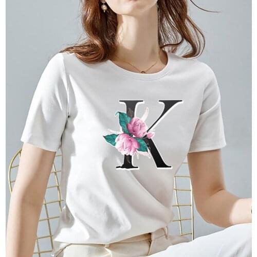 Womens summer T-shirt 26 flower letter series Ladies generous all-match high-quality printed T-shirt youth short-sleeved shirt
