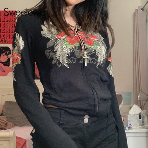 Sweetown Diamonds Floral Print Grunge Jacket Hoodies Women Preppy Style Casual Sweatshirts Vintage Aesthetic Black Jacket Coats