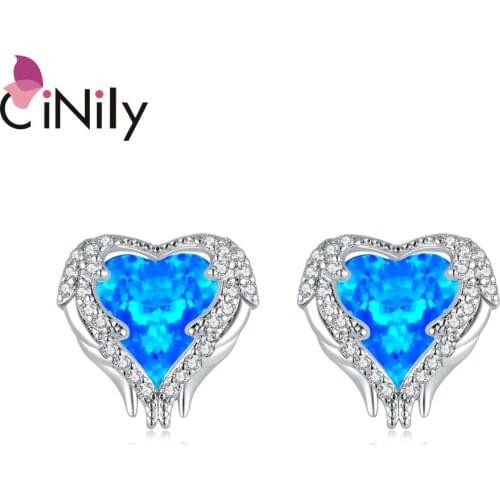 CiNily Heart Shape White & Blue Fire Opal 925 Sterling Silver Stud Earrings for Party Gifts Women Fine Jewelry Earring OH4743-44