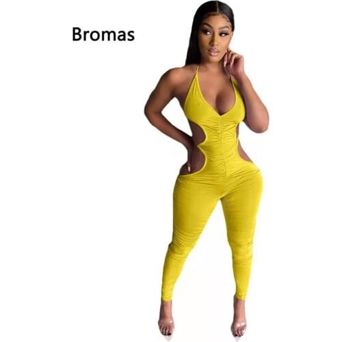 2021 Summer Women Sexy Solid Color Sleeveless Folded Hollow Bandage Halter Skinny Jumpsuit