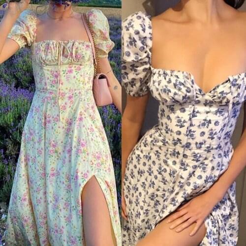 Women Summer Puff Short Sleeve Floral Print Maxi Long Dress Ruched Lace-Up High Waist Sexy Split Flowy Beach Sundress