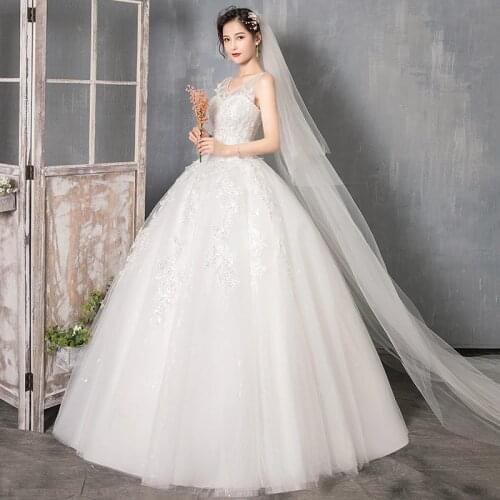 New Arrive V neck Vintage Floor Length Lace Appliques Woman Cheap Wedding Dresses Ball Gown Wedding Bridal Gowns robe de soiree