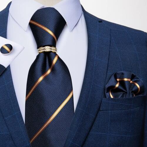 Gold Striped Navy Blue Mens Tie Silk Jacquard Cravat Business Wedding Party Neck Tie Handkerchief Tie Ring Gift For Men DiBanGu