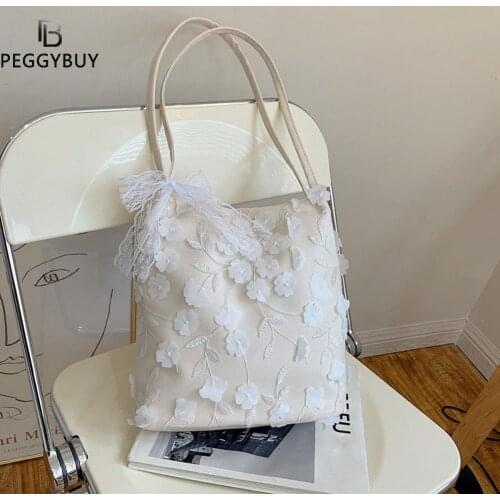 2021 Fashion Retro Women Flower Mesh Lace PU Shoulder Tote Bag Casual Large Capacity Handbags Solid Color Pleated Tote Bag