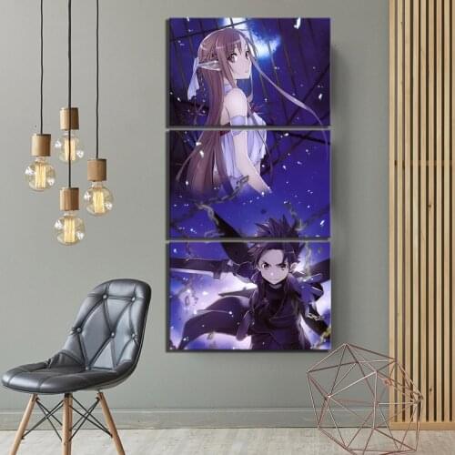 3 Piece Sword Art Online Poster Pictures SAO Yuuki Asuna and Kirito Picture HD Canvas Art Wall Paintings for Home Decor