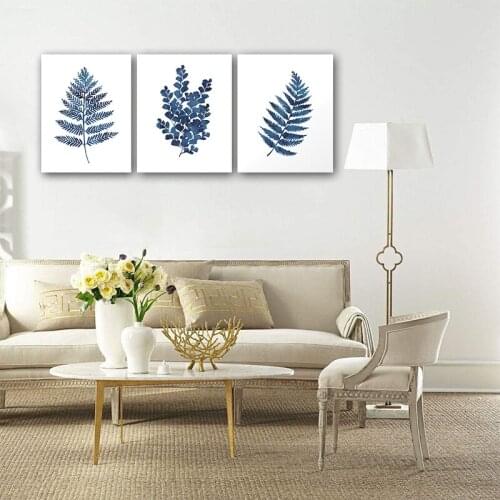 Watercolor Blue Botanical Leaf Poster Minimalist Nordic Flowers Plant Canvas Painting Wall Art Pictures for Living Room Decor