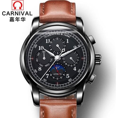 CARNIVAL Multifunction Automatic Watch Men Moon Phase Calendar Mens Watches Top Brand Luxury Mechanical Watch Waterproof Relogio