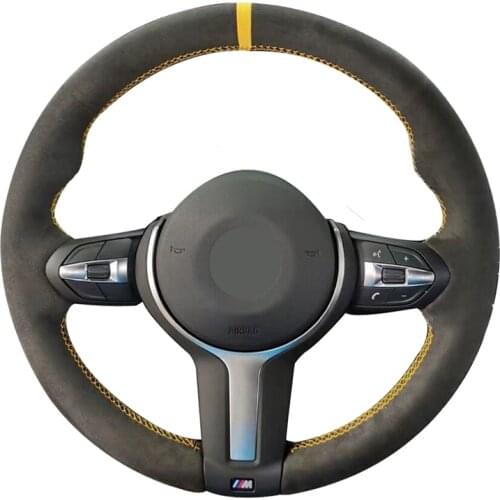 Black Suede Yellow Marker Steering Wheel Cover for BMW F87 M2 F80 M3 F82 M4 M5 F12 F13 M6 F85 X5 M F86 X6 M F33 F30 M Sport