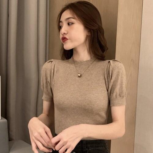 Zoki Retro Knitted T Shirts Women Solid O Neck Short Puff Sleeve Female Tops Loose Casual Cotton Ladies Tees Hot Summer New 2021