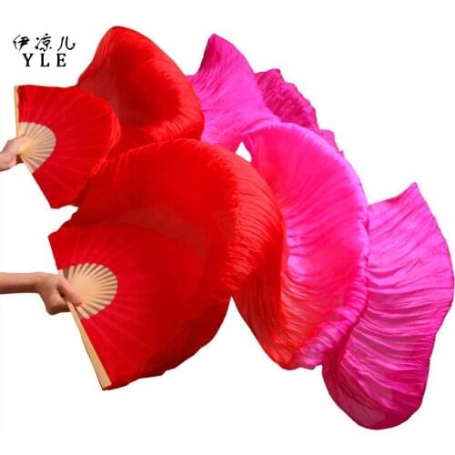 Hot Selling 100% Real Silk Veils Dance Fans 1 Pair (Left hand+Right hand) Handmade Silk Belly Dancing Fans Red + Pink 180cm*90cm