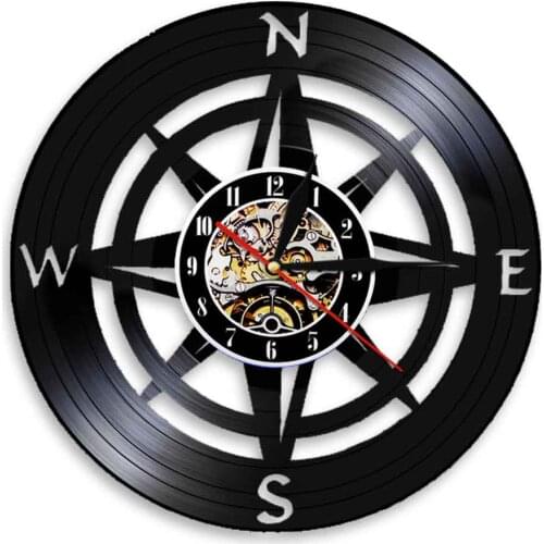 Artistic Compass Themed Vinyl LP Record Wall Clock Sailor Sea Navigation Led Night Light Vintage Wall Hanging Watch Non-Ticking