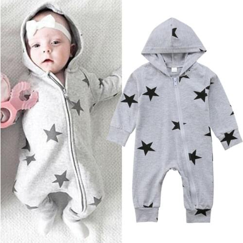 0-24M Newborn Baby Boy Girl Stars Romper Jumpsuit Long Sleeve Zipper Hooded Playsuit Fashion Infant Kids Outfits Autumn Clothes