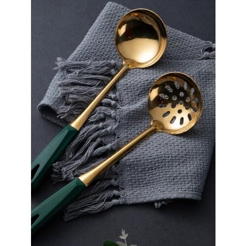 Stainless Steel Soup Spoon Colander Green Gold-plated Soup Shell ooking Colander Kitchen Scoop Plastic Tableware Colander
