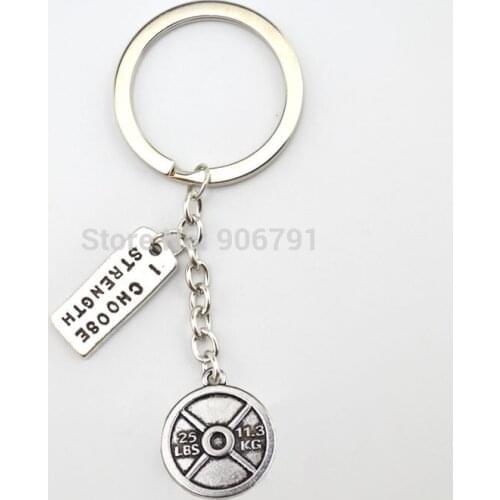 Fashion 10pcs a lot antique silver Vintage Circle 25LBS 11.3KG Weight Plate and i choose strength Key Chain