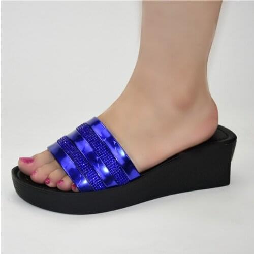 Fashion Royal Blue African Wedge Heel Slipper Shoes For Party 222-7 Heel Height 5.5CM