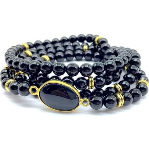 Fashion Women Bangle Stone Beads Bracelet Elastic Mala Necklace Black Onyx Agates Gold Color 6 mm Bead For Her Gift