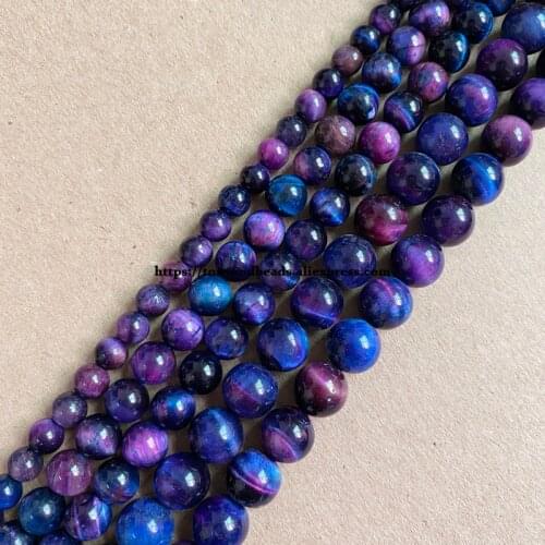 Natural Stone Smooth Bicolor Blue and Purple Tiger Eye Round Loose Beads 6 8 10 MM Pick Size for Jewelry Making