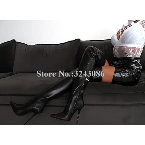 New Black Leather Stiletto Heel Thigh High Boots Lady Sexy Design Pointed Toe Over the Knee Long Boots Women Large Size Boots