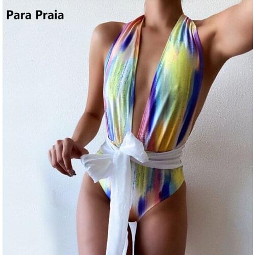 Para Praia 2020 One Piece Swimsuit Women Deep V Swimwear Women Tie-dye Monokini Bandage Swimsuit Backless Bathing Suit Bodysuit