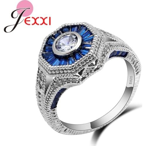 Luxury White Crystal Silver Rings For Girls Blue Zircon Accessory 925 Sterling Silver For Women Wedding Engagement Rings