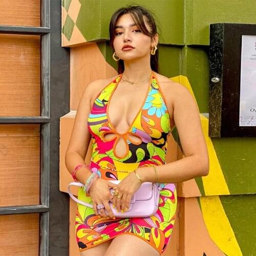 Sexy Women Summer Dress Abstract Print Hollow-Out Halter Neck Sleeveless Tight Skirt for Girls Orange