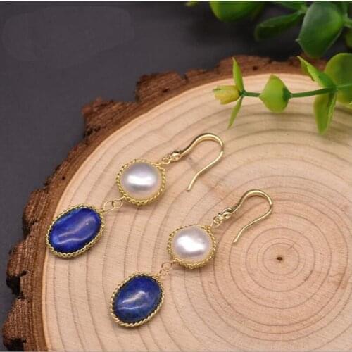 Freshwater Baroque White Pearl Earrings For Woman Girls Lapis Lazuli Dangle Hook Earrings Vintage Fashion Jewelry Accessories
