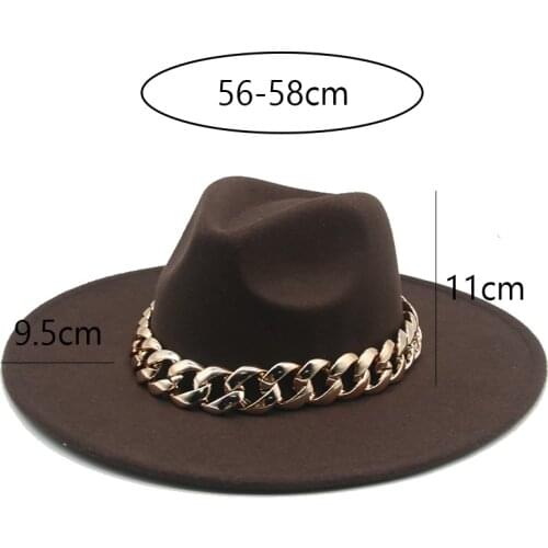 Fedora hats big brim 9.5cm with thick gold chain band belt men women hats winter autumn wide brim handmade luxury winter hats