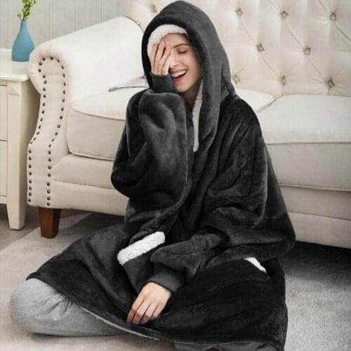 Adult Sherpa Wearable Thick TV Hoodie Blanket Warm Plaid Blanket Winter Soft Plush Fleece Sofa Weighted Blanket With Sleeves