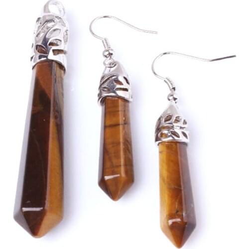 Trendy-beads Popular Silver Plated Natural Tiger Eye Stone Hexagon Prism Pendant Drop Earrings Fashion Jewelry Sets