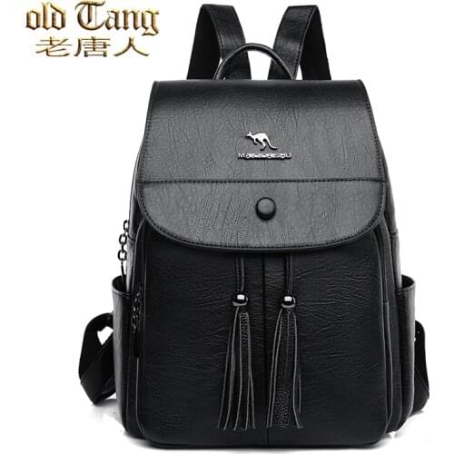 Large Capacity Backpacks for Women 2021 New High Quality Solid Color Soft Leather School Bag Retro Travel Backpack Sac A Dos