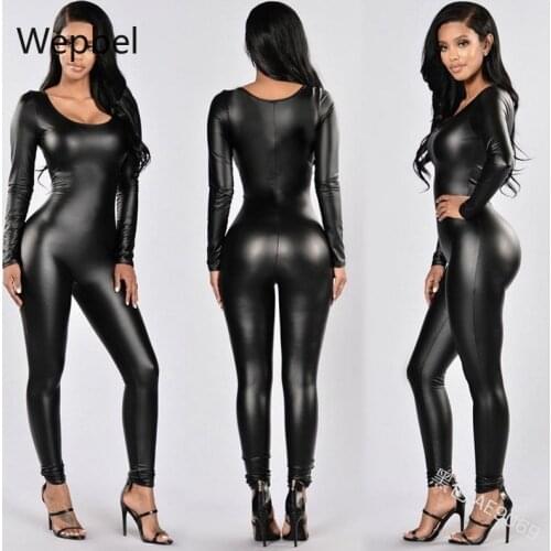 Wepbel Tight Queens Outfit Leather One-Piece Suit Patent Leather One-Piece Jumpsuits Nightclub Costume Long Sleeve Romper
