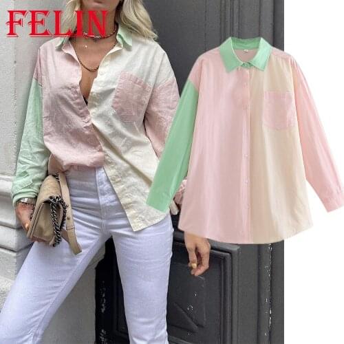 Women Oversized Chic Patchwork Long Shirts Za 2021 Green Pink Loose Pockets Outwear Shirts Female Casual Blouses Elegant Tops