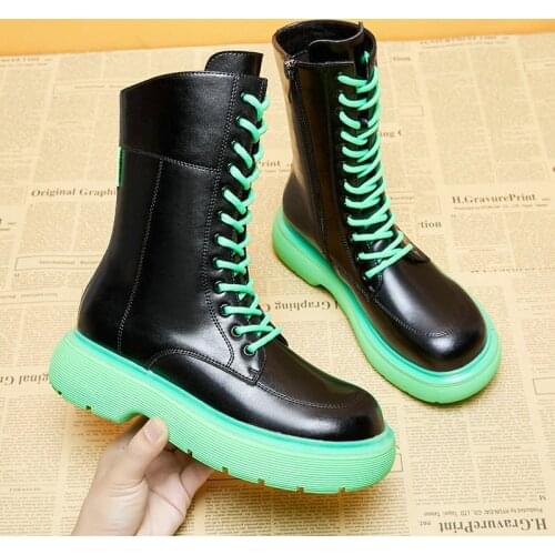 2021 New Retro Green Martin Boots Womens Cowhide Leather Thick-soled Big Toe Boots Personality Short Boots Women