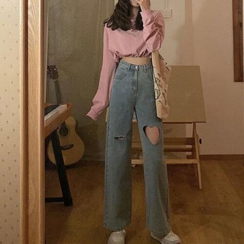 2021 Streetwear Jeans For Women High Waist Heart Shaped Hole Mom Jeans Vintage Black Denim Pants Harajuku Full Length Trouser