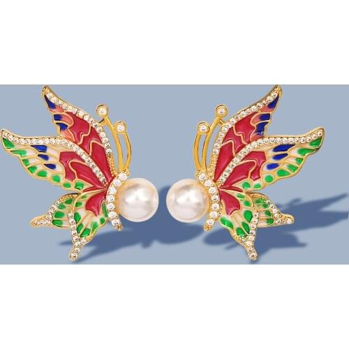 925 Sterling Silver Earrings Exquisite Butterfly Earrings Inlaid Pearl Zircon Jewelry Handmade Enamel Womens Party Accessories