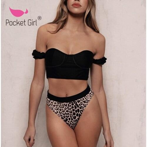 Pocket Girl 2020 Leopard Print Swimsuit Female Patchwork Swimwear Women Summer Bandeau Bikinis Brazilian Biquini Bathing Suit