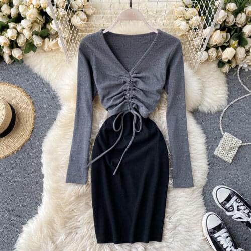 Knit Dress for Women Patchwork Bodycon Dress Vestidos 2020 Autumn Winter Clothes Lace-up Folded V Neck Long Sleeve Pencil Dress