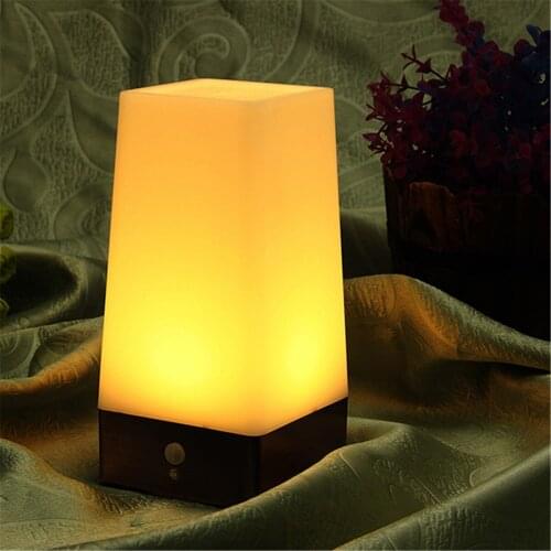 2018 Vintage Wireless Wood Base LED Human Body Sensor Motion Night Light Dual Battery Powered Kid Romm LLED Bulb Bar Light