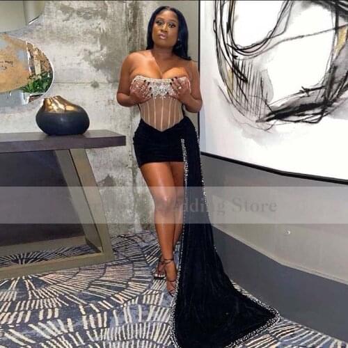2021 Short Velvet Prom Dresses Asymmetrical African Black Girls Crystal Beaded Formal Party Dress Custom Made
