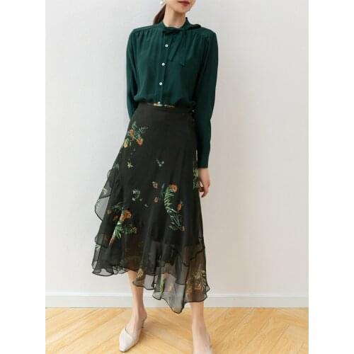 2021 Women Summer 100% Silk Skirt Natural Silk Floral Print Wrap Style Mid-calf Skirt Elegant Real silk A line skirt plus size