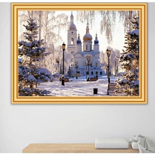 5D DIY Diamond Painting Church Winter Snow Scenery Full Drill Diamond Embroidery Landscape Mosaic Picture Of Rhinestones Decor