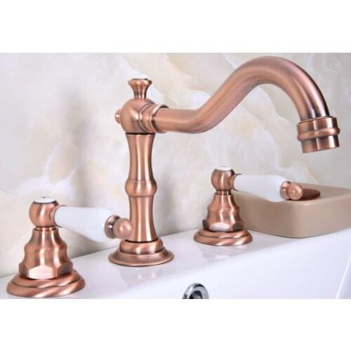 Antique Red Copper Double Handle Basin Faucet Deck Mounted Bathroom Tub Sink Mixer Taps Widespread 3 Holes zrg060