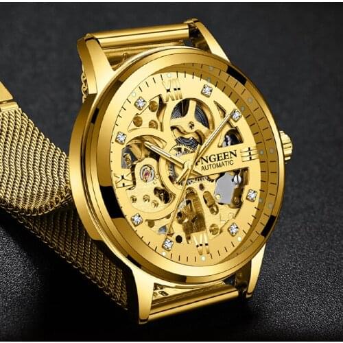 Hot Brand Mechanical Watches Men Skeleton Mesh Clock Automatic Watch Men Relogio Masculino Gold Wrist Watch for Men Male FNGEEN