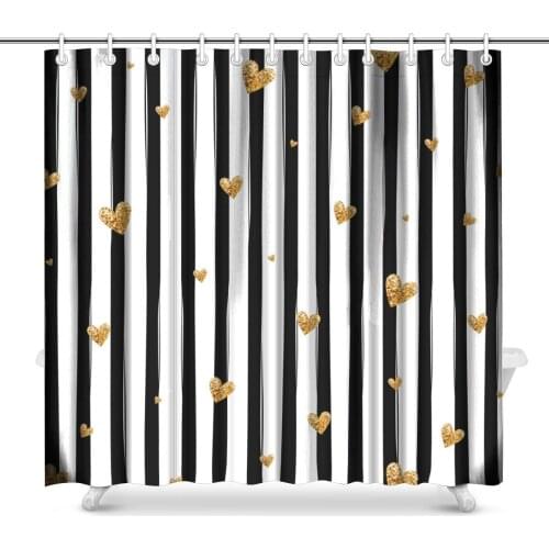 Black and White Striped Pattern with Gold Glitter Polyester Fabric Bathroom Shower Curtain Set with Hooks 72 x 72 Inches